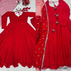 BATA DE TRABAJO DE DISEÑO BORDADO GEORGETTE ATRACTIVA BORROM CON DUPATTA ROJA - Product Image 1