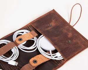 Sleek Profile Leather Cable Organizer Minimalist <b>Desk</b> Cord Management Travel Tech Wrap Earphone Wire Keeper LCO-0107 - Product Image 5