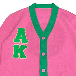 Cardigan personnalisé Alpha Sorority rose et vert pour femmes, en acrylique tricoté, col en V, broderie logo grec, style universitaire hiver - Product Image 2