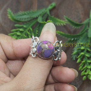 Natural Purple Copper Turquoise <b>Ring</b> 925 Sterling Silver Handmade Floral <b>Statement</b> Adjustable <b>Ring</b> Gift Jewelry for Unisex Her - Product Image 4