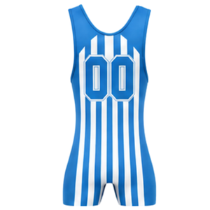 Combinaison de lutte sublimée rayée bleu roi et blanc pour hommes, en polyester léger, uniforme de lutte athlétique pour l'entraînement et la performance - Product Image 3
