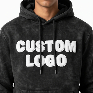 Custom Logo Black Acid Wash Tracksuit Men Heavyweight Fleece Hoodie and Jogger Set Streetwear Premium Vintage Black Acid Wash - Product Image 6