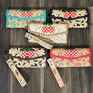 <b>Women</b>’s Handmade Tooled Floral Carved Genuine Leather <b>Women's</b> Clutches Cute Cherry Design Wristlet Evening <b>Card</b> Holder <b>Wallet</b> - Product Image 2
