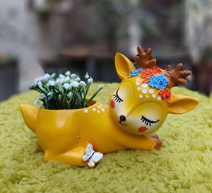 Maceta de Resina Vacía con Diseño de Ciervo Durmiente de Dibujos Animados, Acabado Glaseado, Color Amarillo, para Decoración de Interiores y Jardines - Product Image 1