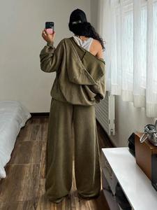 Custom Women's <b>Zip</b> Up Hoodie and Wide Leg Pants Tracksuit Premium Fleece Lounge Set OEM ODM Private Label Apparel - Product Image 6