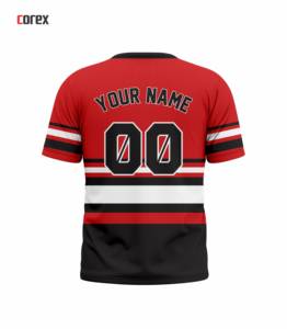 T-shirt à manches courtes rayé rouge et noir Corex avec impression du nom de l'équipe, col rond, coupe régulière, style sportif - Product Image 2