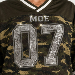 Women Camouflage Custom Print Crystal <b>Rhinestone</b> Cropped American Football Jersey Boxy Fit Sparkling Vintage Camo Crop <b>Mesh</b> <b>Top</b> - Product Image 2