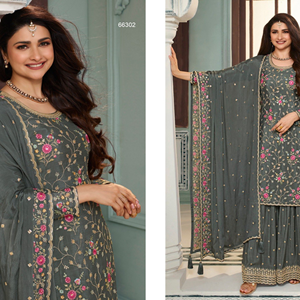 Proveedor de Ropa Étnica India de la mejor calidad Diseñador de moda Heavy Premium Silk Georgette Sequence Work Palazzo Suit - Product Image 3