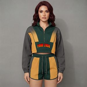New arrived Sportswear Jacket & <b>Shorts</b> <b>women's</b> sets Breathable Nylon Tracksuit color block custom Printed ladies tracksuit - Product Image 1