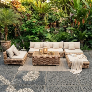 Outdoor Rattan Woven Sectional Sofa Set Mahogany Wood Frame Wicker Furniture Glass Table Lounge Chair Ottoman Setup Art - Product Image 5