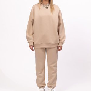 Custom Winter Solid Lace Women's Two Piece Sweatshirt and Sweatpants <b>Set</b> 100% Cotton Boxy Crop Pullover Sweatshirt & <b>Jogger</b> <b>Set</b> - Product Image 1