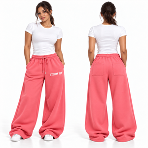 Women's Royal Blue Wide Leg Customized Fleece Pants Mid <b>Waist</b> <b>Elastic</b> Drawstring Regular Fit Full Length Streetwear <b>Trousers</b> - Product Image 2