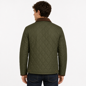 Chaqueta de Campo Acolchada Verde Oliva para Hombre, Chaqueta Clásica con Costuras en Diamante, Chaqueta Ligera Aislante para Exteriores con Cuello de Pana - Product Image 3