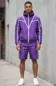 Conjunto de dos piezas corto para hombre: Sudadera con capucha y cremallera cortavientos y pantalones cortos con cordón de nailon y poliéster - Conjunto cortavientos impermeable para la lluvia - Product Image 2