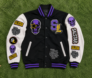 Veste universitaire personnalisée pour homme, veste bomber de baseball noire et violette avec broderie de crâne | Fabricant en gros OEM/ODM - Product Image 5