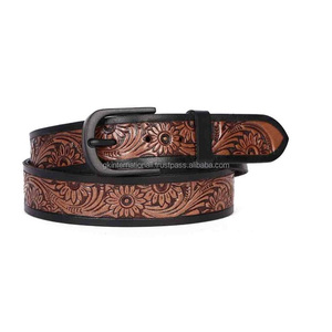 Cinturón de Cuero Occidental de Lujo, Tallado a Mano con Diseño de Hojas de Vaquero, con Hebilla de Latón Negro Resistente, Longitud Personalizada - Product Image 1