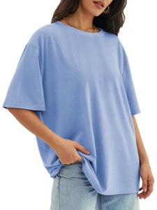 Women's Oversized Light Blue Cotton T-Shirt Short Sleeve Crew Neck Loose Fit Solid Color Breathable Jersey Knit Spring Summer - Product Image 3