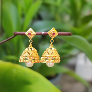 18K Gold Plated Square Stud Jhumka Earrings with Imitation Pearl and Zircon - Product Image 3