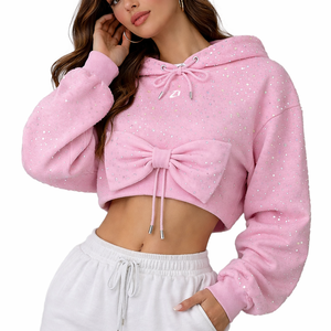 Sudadera con capucha corta rosa de moda con detalle de lazo, de algodón polar, tela brillante, estilo urbano, personalizada para mujer - Product Image 2