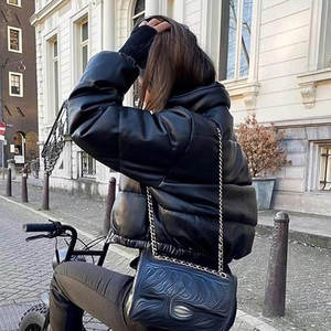 Black PU Puffer <b>Jacket</b> Stand Collar Zipper Closure Quilted Windproof Short Winter Coat Casual Unisex Thick Filling - Product Image 3