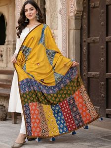 Jaipur Moda Festive Yellow Cotton Dupatta with Multicolor Patchwork Border Handmade Tassels Indian Stole for Women - Product Image 4