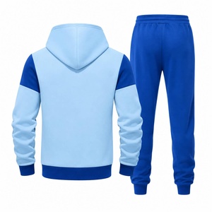 Unisex Blau Bedruckter Farbblockierender Kapuzen-Trainingsanzug Sportlich Leichtgewichtig Vollärmelig mit Kordelzug Lässige Herbstkleidung Normale Passform - Product Image 3