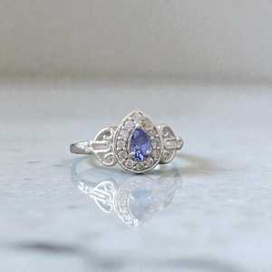Bague halo en tanzanite, pierre précieuse en forme de poire, argent, style vintage, bijou de fiançailles, cadeau pour femme - Product Image 3