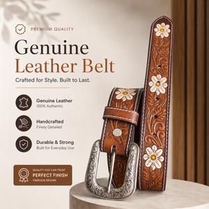 Premium Handcrafted Genuine <b>Leather</b> Belt for Men Floral <b>Tooled</b> Belt with Daisy Concho Accents - Product Image 4