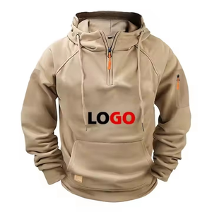 Men's Khaki Quarter Zip Hoodie With Front Logo Print Regular Fit Casual Breathable Polyester Sweatshirt Autumn Wear - Product Image 1