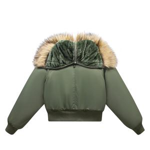 Blouson bomber à capuche vert avec doublure en fausse fourrure, coupe-vent en polyester, fermeture éclair, manteau d'hiver décontracté, longueur courte, unisexe - Product Image 1