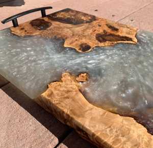 Luxury Live Edge Wood Resin Serving Tray with Handles <b>Clear</b> Epoxy River Charcuterie Board Large Burl Wood Coffee <b>Table</b> Platter - Product Image 1