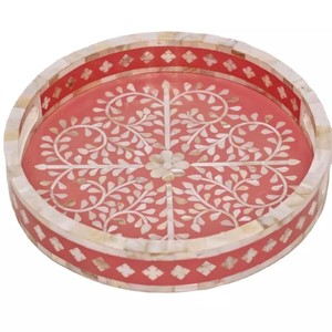 Indian Special High Quality Round Serving Trays Handmade Mother of Pearls Trays Moroccan Design Homewares Stores Dubai Saudiya - Product Image 2