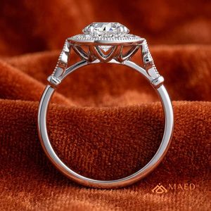 Bague de fiançailles de luxe en moissanite taille ronde avec halo floral, plaqué or rose, bande pavée, cadeau de bijoux pour mariage et anniversaire - Product Image 5