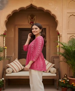 FANCY GEORGETTE PRINTED COTTON WORK ONLY TOP DAILY WEAR WHOLESALE PRICE ETHNIC GARMENT <b>KURTI</b> PINK - Product Image 6