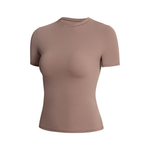 Women's Light <b>Pink</b> Short Sleeve Crew Neck Slim Fit Knitted Cotton Spandex <b>Crop</b> <b>Top</b> Casual Solid Color All Seasons Wear - Product Image 4