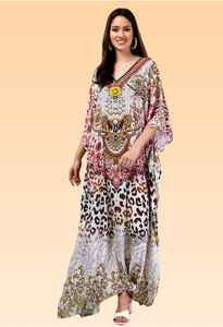 Robe Kaftan Courte pour Femme – Imprimé Paon Ethnique Jaune et Vert, Tunique Ample Festive - Product Image 2