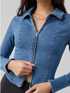 TRIBON SPORTS Women's Denim Varsity Jacket Full Sleeve Turn-down Collar <b>Zipper</b> Closure Leopard Pattern Casual Autumn/Winter - Product Image 4