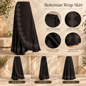 Bohemian <b>Wrap</b> Skirt for Women Black Ethnic Maxi Skirt Adjustable Tie Waist Fringe Hem Casual <b>Beach</b> Festival Wear |Everyday skirt - Product Image 5