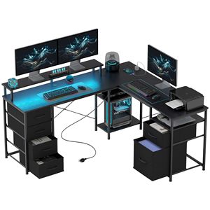 66\" Distressed Black Reversible L Shaped Computer Desk <b>Corner</b> Desk with File Drawer Power Outlets <b>LED</b> <b>Lights</b> for Laptop Use - Product Image 1