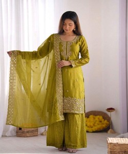 FANCY GMY SILK EMBROIDERY <b>BEADS</b> WORK <b>TOP</b> PALAZZO WITH DUPATTA WHOLESALE PRICE ETHNIC GARMENT 85063 PARROT GREEN - Product Image 2