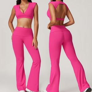 High Waist Yoga Set With Deep V Neck Crop Top And Full Length <b>Flared</b> <b>Leggings</b> Seamless Four-Way Stretch Solid Color Sport Wear - Product Image 3