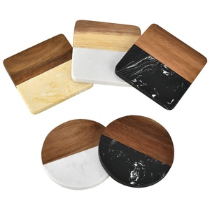 Protect <b>Tables</b> and Surfaces Modern Wood Geometric White Black Hexagonal <b>square</b> Round <b>Marble</b> and Acacia Coasters - Product Image 5