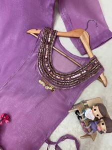 Ensemble indien pakistanais en viscose brodée pour femmes, haut et pantalon deux pièces, col en V, tenue décontractée d'été - Product Image 5