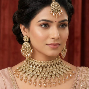 ชุดสร้อยคอทองแดงชุบทองประดับมุกและคันดัน สไตล์วินเทจ คุณภาพสูง หรูหรา พร้อมต่างหูและมงกุฎติดผม เหมาะสำหรับงานแต่งงานและงานปาร์ตี้ - Product Image 1