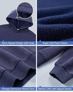 Sweat-shirts à capuche délavés avec logo personnalisé, vêtements de mode urbaine, sweats à capuche épais en molleton de coton, sweat-shirt délavé teint en pièce - Product Image 4