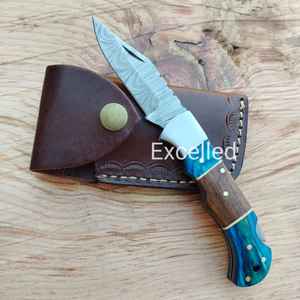 ที่กําหนดเองทําด้วยมือดามัสกัสกลับล็อคมีดพับด้ามไม้ฟรีหนังเปลือกมีด - Product Image 2