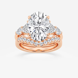 Anillo de Compromiso con Diamante Ovalado Cultivado en Laboratorio de 6 1/4 Quilates de Peso Total, con Detalles en Forma de Trapezoide y Pera, Anillos de Boda a Juego - Product Image 1