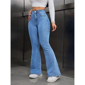 Jean en denim taille haute coupe bootcut pour femme, délavage clair vintage, coton écologique, longueur intégrale, mignon, décontracté, été automne, respirant - Product Image 5