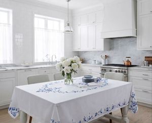 Wholesale Handmade Customized Modern White Cotton Embroidered Pretty Blue Floral Durable <b>Waterproof</b> Oilproof Washable Full Sizes - Product Image 1