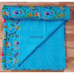 Colcha Kantha Étnica Vintage Hecha a Mano en Rajastán, India, Colcha Kantha de Algodón Cosida a Mano, Colcha de Retazos para Hotel - Product Image 5